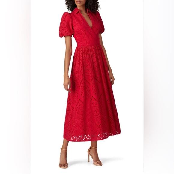 Badgley Mischka Red Eyelet Midi Dress Sz 6 - Picture 1 of 9
